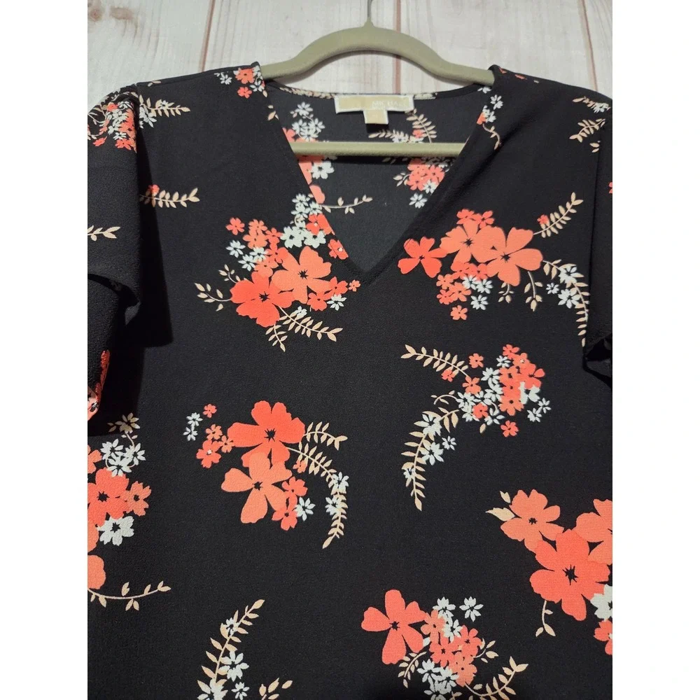 Michael Kors Womens Black Coral Floral V-Neck Flutter Sleeve Blouse Top Medium‎